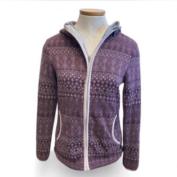 PrAna Arka Women’s Purple Zip Up Nordic Pattern Sweater Fleece Hooded Size Small - Picture 1 of 8